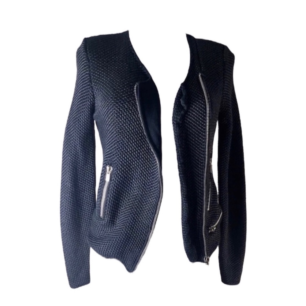 Maje Black Cotton Knit Moto Blazer Sweater